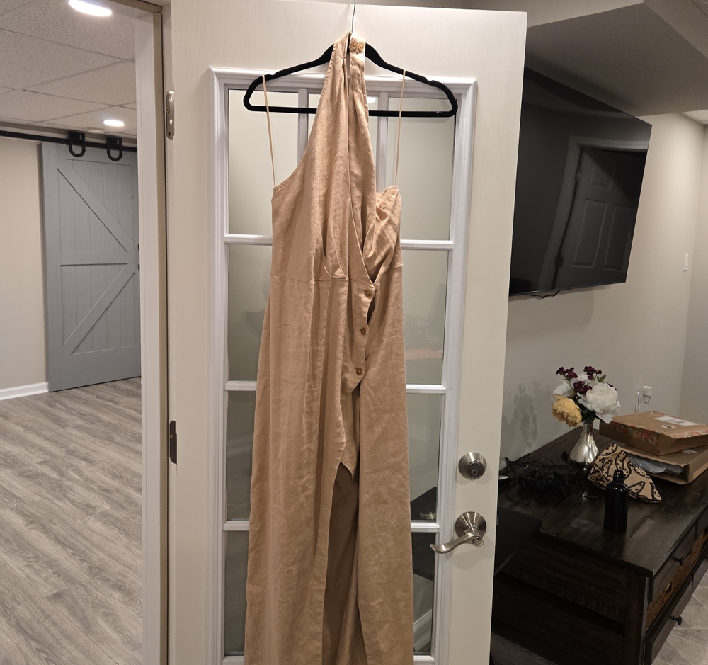 Anthropologie Neutral Beige One-Shoulder Jumpsuit